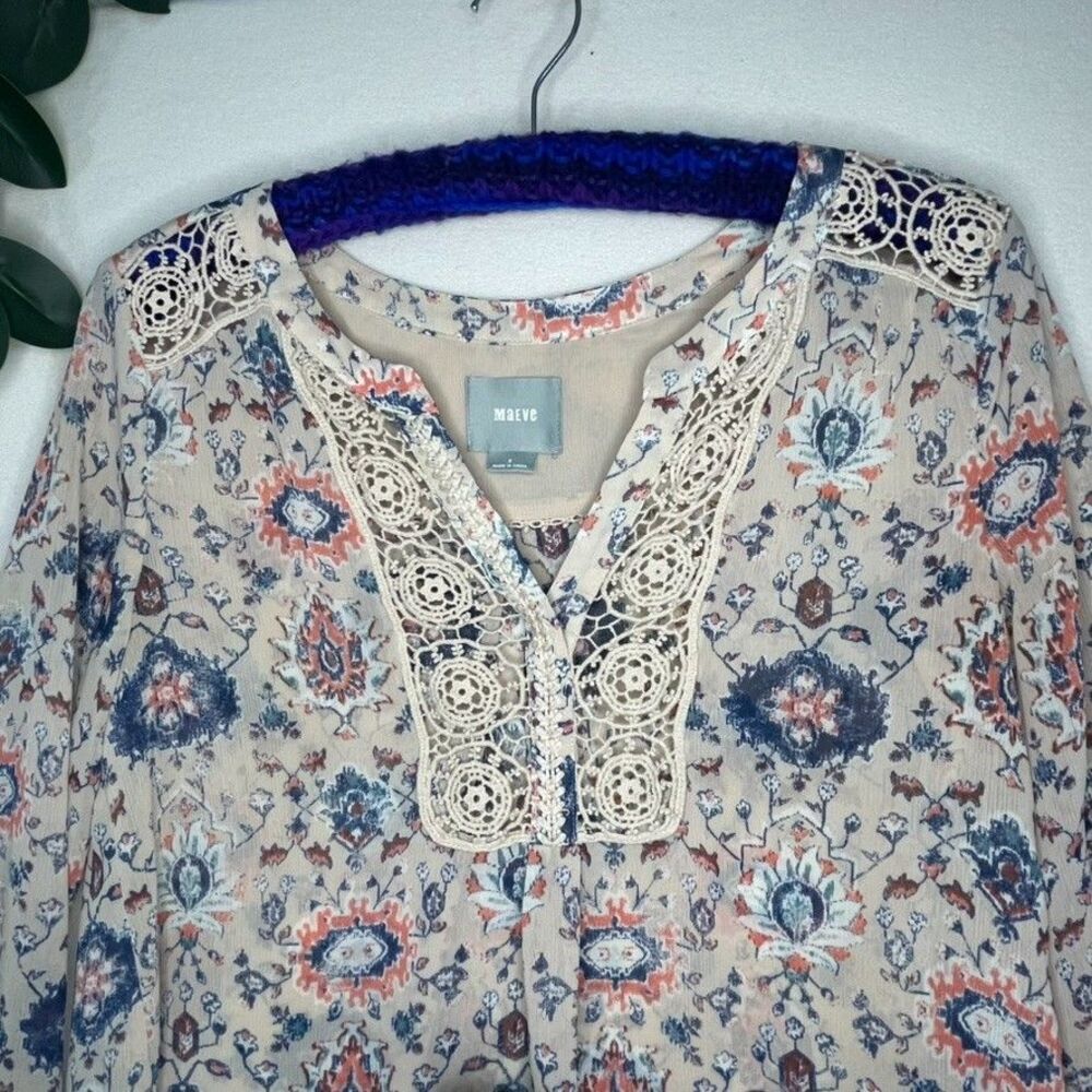 Maeve Anthropologie Tan Floral 3/4 Sleeve Crochet Boho Top Festival Summer Sz 2 - Picture 2 of 10